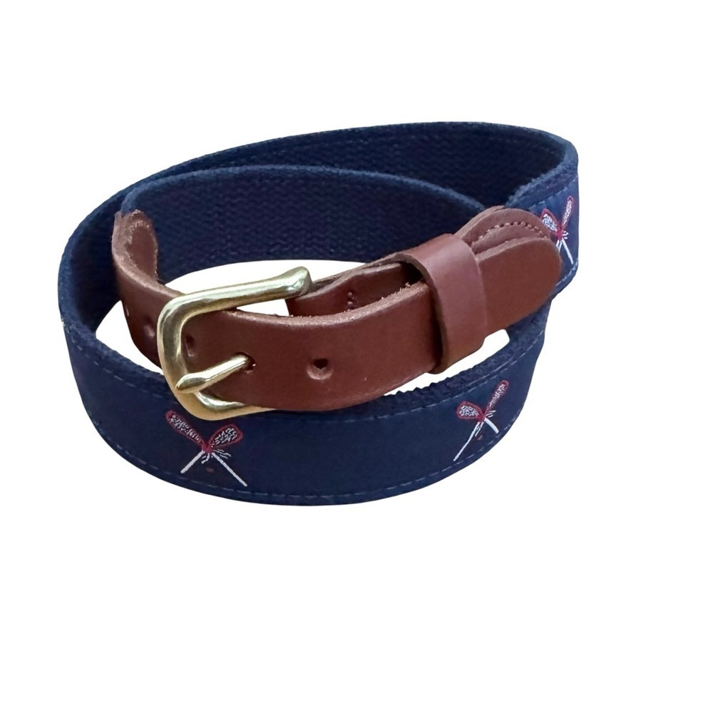 Leather Man Embroidered Lacrosse Belt Brass Buckle Leather Trim Navy Size 30